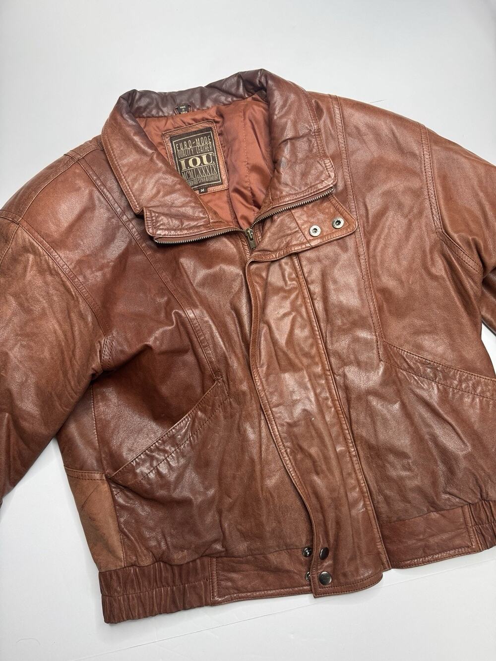 Vintage 90s IOU Euro Mode Mens M Brown Genuine Leather Bomber Jacket